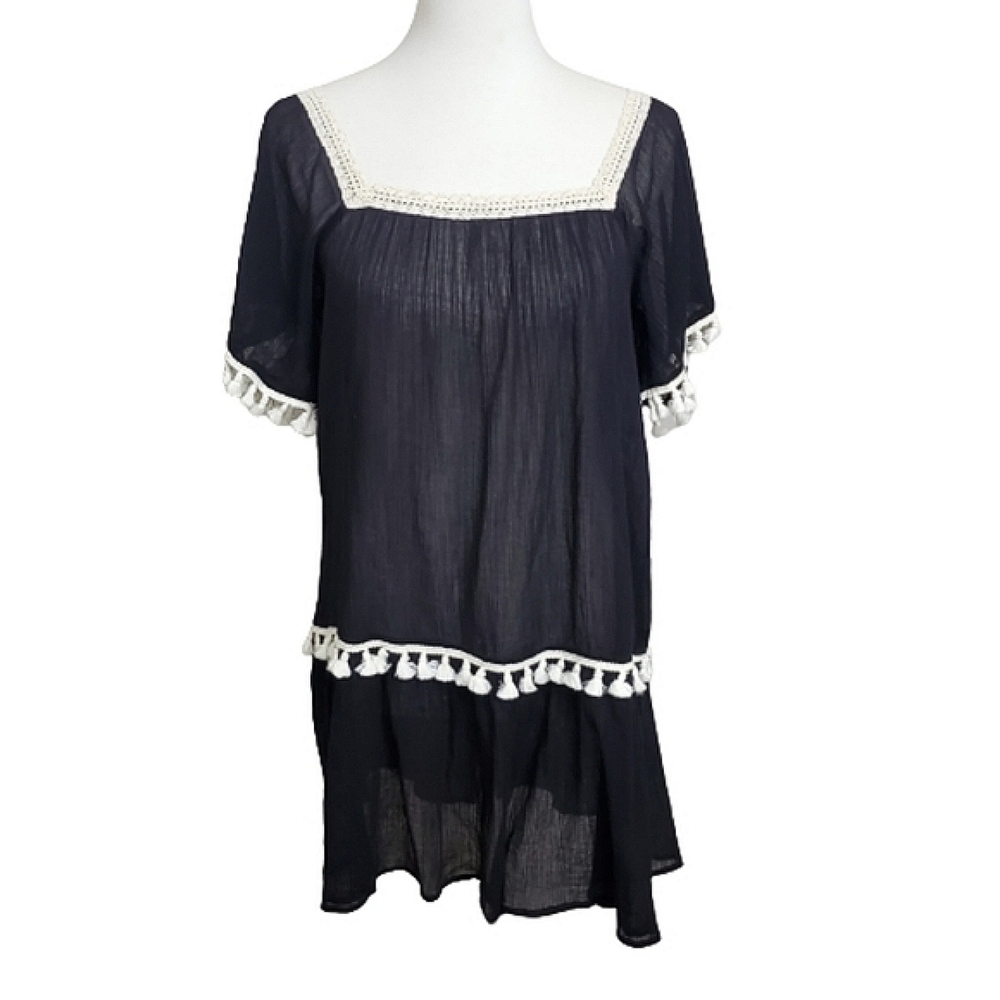 Umgee Crinkle Fabric Tassel Trim Dress/Tunic Top